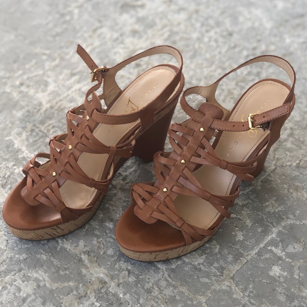 Ivanka Trump Tan Strappy Wedges Size 8.5